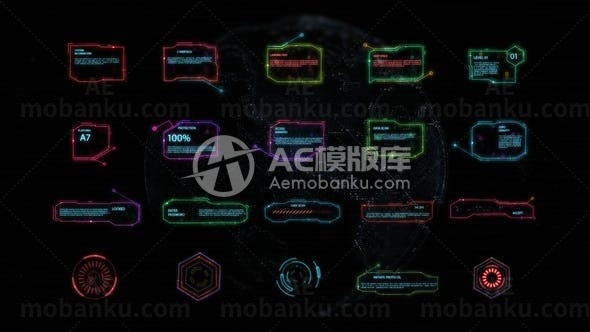 科技界面霓虹闪烁效果元素叠加视频AE模板